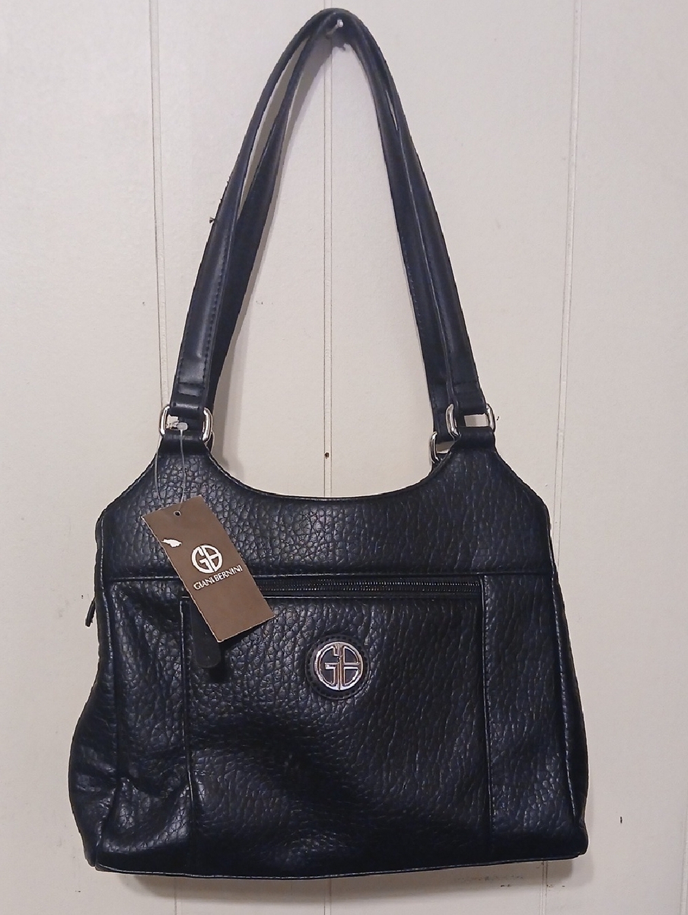 Giani Bernini Black Pebbled Leather Shoulder Bag with Silver Logo